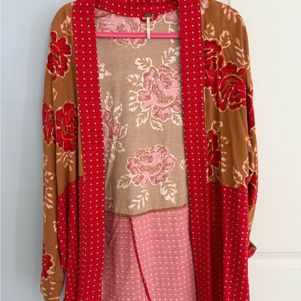 Free People Red and Brown Floral Kimono